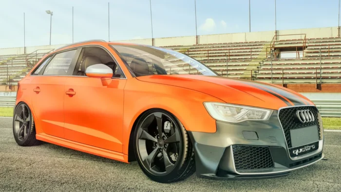 veículo na cor laranja estacionado em uma quadra representando seguro audi rs3