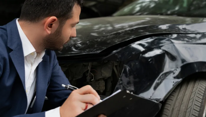 Como Funciona o Seguro de Carro em São José SC representado por uma batida de carro e um homem na frente anotando algo no ipad.