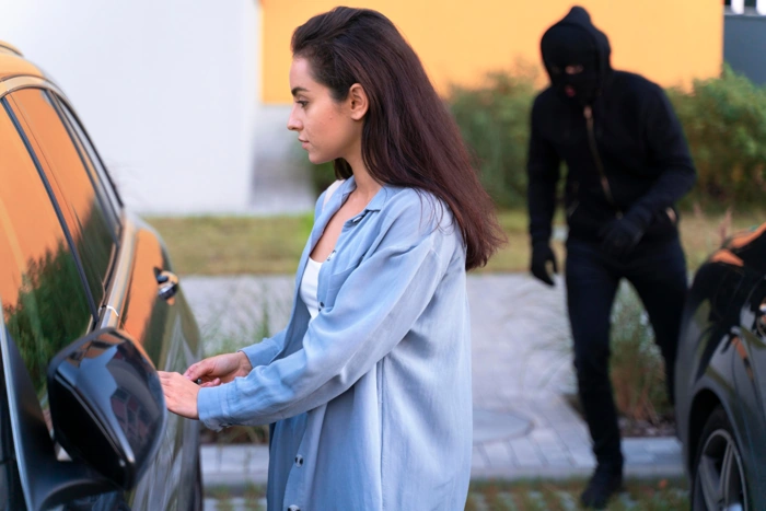 Mulher corre risco ao abrir seu carro, pois criminoso a espreita. Quais são os carros mais roubados do Brasil?