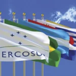 Bandeira do Mercosul, junto de bandeiras de países da América do Sul. Explicando o que é carta verde.
