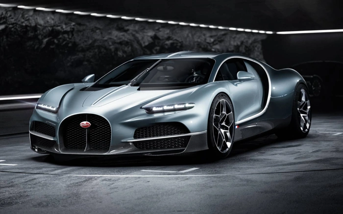 Bugatti Tourbillon na cor prata. Apresentando o top 10 dos carros mais caros do mundo.