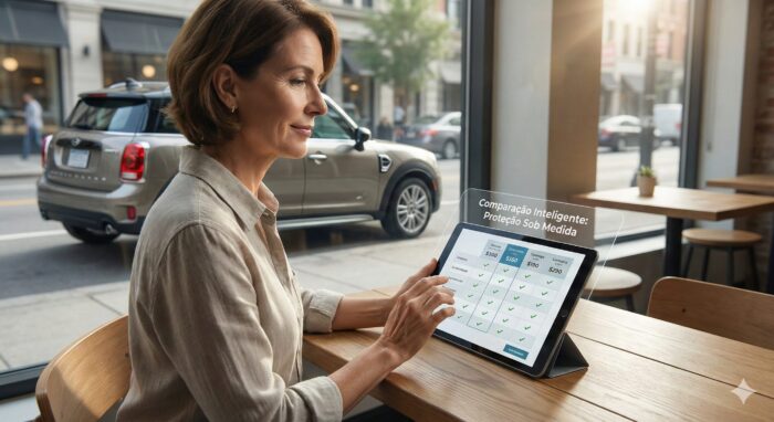 Mulher em um café analisando atentamente uma tabela de comparação de planos de seguro auto em um tablet, com um carro SUV estacionado ao fundo.