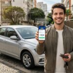 Motorista sorridente segurando smartphone exibindo aplicativo de opções de cotação de seguro auto barato e carro hatch prata estacionado em rua residencial brasileira.