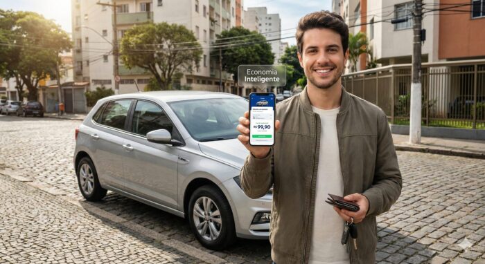 Motorista sorridente segurando smartphone exibindo aplicativo de cotação de seguro auto barato e carro hatch prata estacionado em rua residencial brasileira.
