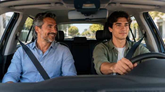 Outra pessoa pode dirigir carro segurado? Pai acompanha filho dirigindo com segurança
