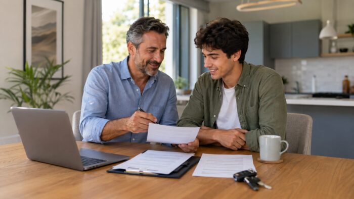 Pai e filho revisando a apólice para saber se outra pessoa pode dirigir carro segurado